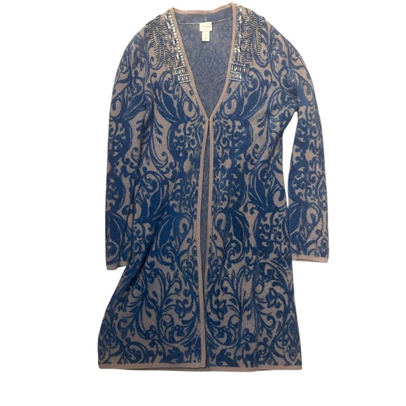 Chicos Beaded‎ Embellished Blue Tan Scroll Pattern Long Cardigan Sweater Size 1 - Picture 2 of 9